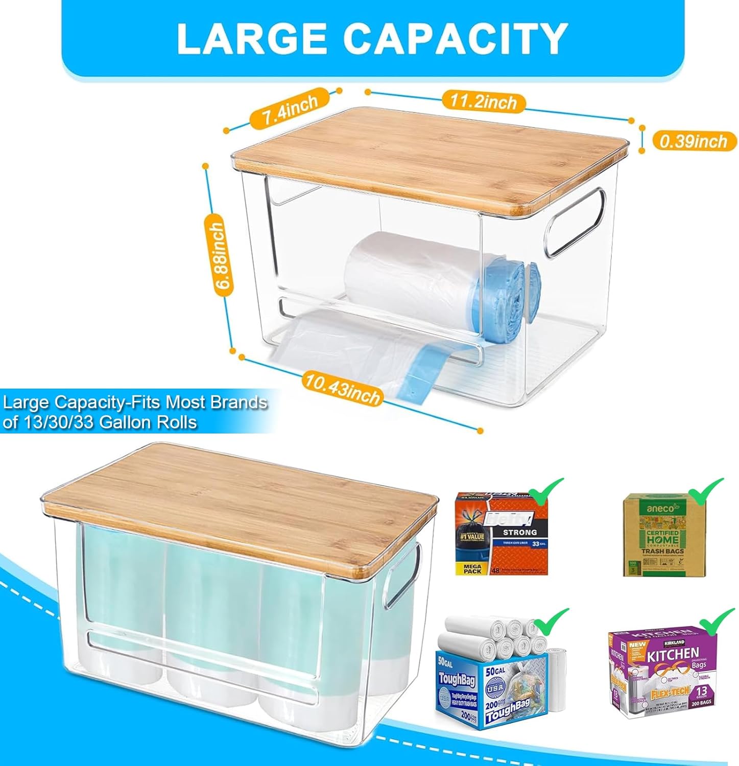 Riian Trash Bags Dispenser, Trash Bag Holder, Stackable Garbage Bag Holder with Bamboo Lid, Acrylic Storage Container for Under Sink, Laundry Room Organization and Storage (1 Pack)